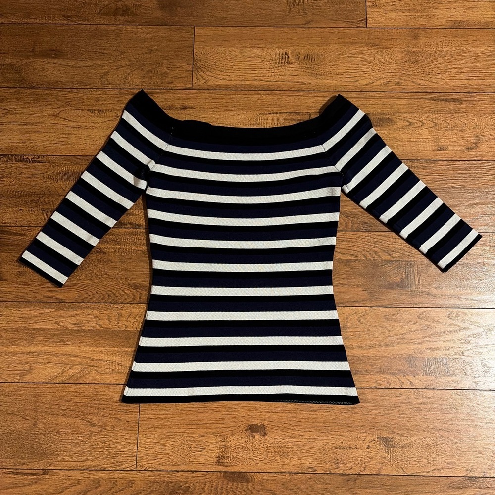 Rachel Rachel Roy Top Womens Size M Blue Striped Off Shoulder 3/4 Sleeve